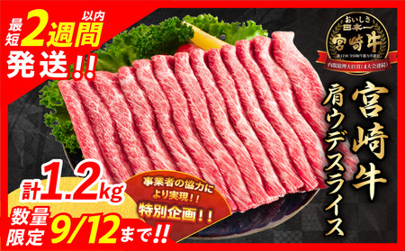 【最短2週間以内で発送】数量限定 期間限定 宮崎牛 肩ウデ スライス 計1kg 肉 牛肉 国産 すき焼き 人気 黒毛和牛 赤身 しゃぶしゃぶ A4 A5 等級 ギフト 贈答 小分け 食品 ミヤチク 宮崎県 送料無料_CA49-23-2W