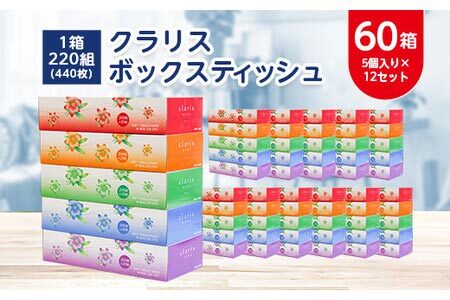 クラリスボックスティッシュ60箱(1箱220組(440枚))(5個入り×12セット)【配送不可地域：離島・沖縄県】【1256759】