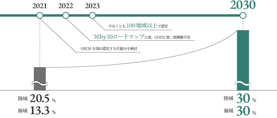 2021年時点、保全保護できている陸域20.5％海域13.3％。2030年までに少なくとも30％の保全保護達成を目指し、次の中間目標を設定。2021年、OECMを国が認定する仕組みを検討2022年、30by30ロードマップをCOP15にて公表2023年、少なくとも100地域以上でOCEMを認定