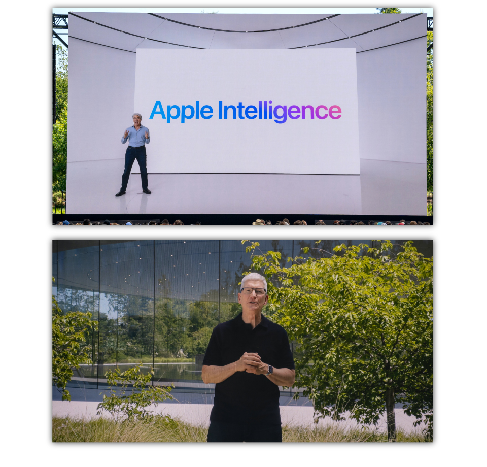 【写真】写真上：アップルの新AIの名前は「Apple Intelligence」　写真下：ティム・クックCEOはApple Intelligenceを「パーソナルインテリジェン