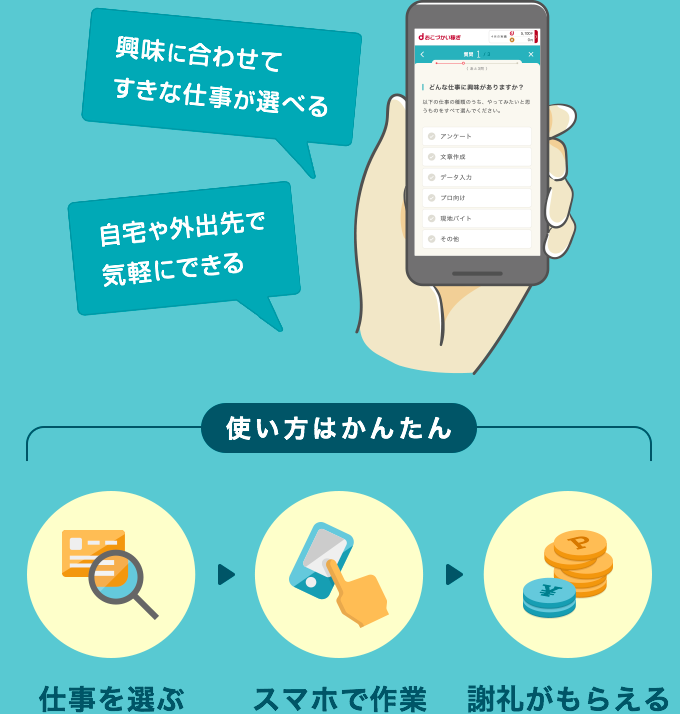 スキマ時間を有効活用 興味に合わせてすきなワークが選べる 自宅や外出先で気軽にできる 使い方はかんたん ワークを選ぶ → スマホで作業　→ 謝礼がもらえる