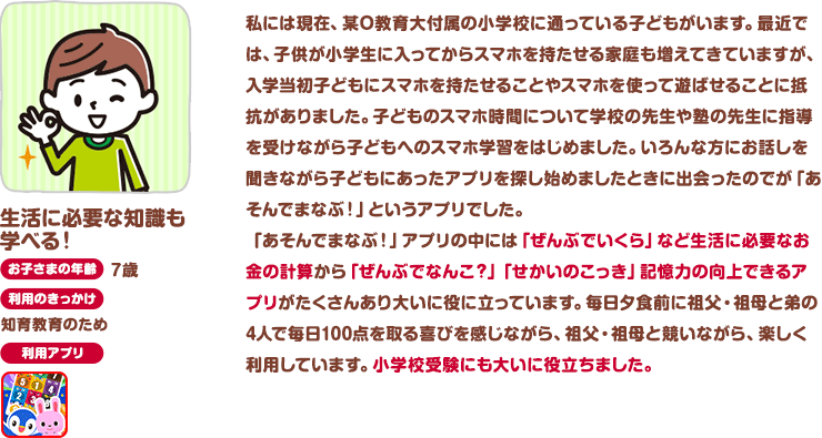 生活に必要な知識も学べる！お子さまの年齢：7歳。利用のきっかけ：知育教育のため 私には現在、某O教育大付属の小学校に通っている子どもがいます。最近では、子供が小学生に入ってからスマホを持たせる家庭も増えてきていますが、入学当初子どもにスマホを持たせることやスマホを使って遊ばせることに抵抗がありました。子どものスマホ時間について学校の先生や塾の先生に指導を受けながら子どもへのスマホ学習をはじめました。いろんな方にお話しを聞きながら子どもにあったアプリを探し始めましたときに出会ったのでが「あそんでまなぶ！」というアプリでした。「あそんでまなぶ！」アプリの中には「ぜんぶでいくら」など生活に必要なお金の計算から「ぜんぶでなんこ？」「せかいのこっき」記憶力の向上できるアプリがたくさんあり大いに役に立っています。毎日夕食前に祖父・祖母と弟の4人で毎日100点を取る喜びを感じながら、祖父・祖母と競いながら、楽しく利用しています。小学校受験にも大いに役立ちました。