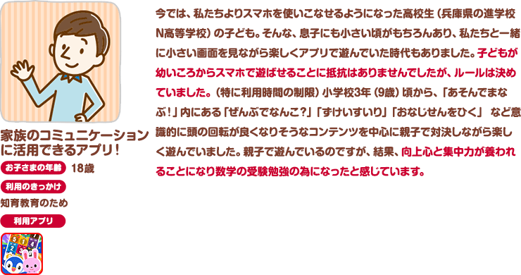 家族のコミュニケーションに活用できるアプリ！お子さまの年齢：18歳 利用のきっかけ：知育教育のため 今では、私たちよりスマホを使いこなせるようになった高校生（兵庫県の進学校N高等学校）の子ども。そんな、息子にも小さい頃がもちろんあり、私たちと一緒に小さい画面を見ながら楽しくアプリで遊んでいた時代もありました。子どもが幼いころからスマホで遊ばせることに抵抗はありませんでしたが、ルールは決めていました。（特に利用時間の制限）小学校3年（9歳）頃から、「あそんでまなぶ！」内にある「ぜんぶでなんこ？」「ずけいすいり」「おなじせんをひく」 など意識的に頭の回転が良くなりそうなコンテンツを中心に親子で対決しながら楽しく遊んでいました。親子で遊んでいるのですが、結果、向上心と集中力が養われることになり数学の受験勉強の為になったと感じています。