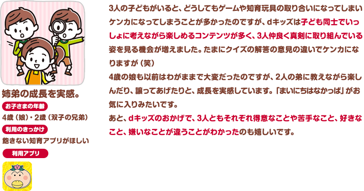 姉弟の成長を実感。お子さまの年齢：4歳（娘）・2歳（双子の兄弟） 利用のきっかけ：飽きない知育アプリがほしい 3人の子どもがいると、どうしてもゲームや知育玩具の取り合いになってしまいケンカになってしまうことが多かったのですが、dキッズは子ども同士でいっしょに考えながら楽しめるコンテンツが多く、3人仲良く真剣に取り組んでいる姿を見る機会が増えました。たまにクイズの解答の意見の違いでケンカになりますが（笑）4歳の娘も以前はわがままで大変だったのですが、2人の弟に教えながら楽しんだり、譲ってあげたりと、成長を実感しています。「まいにちはなかっぱ」がお気に入りみたいです。あと、dキッズのおかげで、3人ともそれぞれ得意なことや苦手なこと、好きなこと、嫌いなことが違うことがわかったのも嬉しいです。