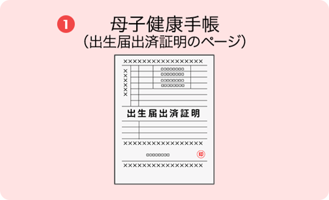 ①母子健康手帳（出生届出済証明のページ）