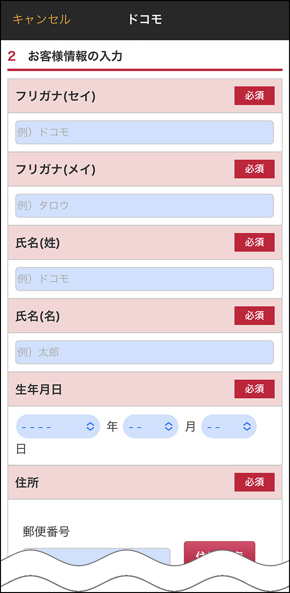 「お客様情報の入力」画面