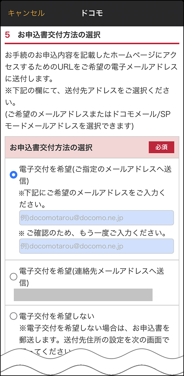 「お申込書交付方法の選択」画面