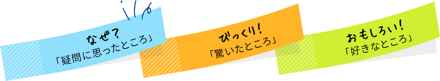 なぜ？「疑問に思ったところ」　びっくり！「驚いたところ」　おもしろい！「好きなところ」