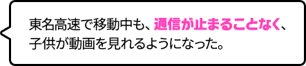 東名高速で移動中も、通信が止まることなく、子供が動画を見れるようになった。