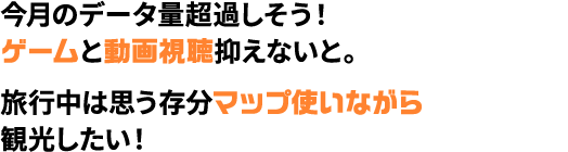 今月のデータ量超過しそう！ゲームと動画視聴抑えないと。旅行中は思う存分マップ使いながら観光したい！