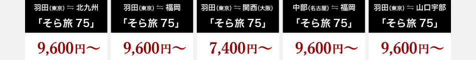 羽田⇔北九州（そら旅75）9,600円から 羽田⇔福岡（そら旅75）9,600円から 羽田⇔関西（そら旅75）7,400円から 羽田⇔山口宇部（そら旅75）9,600円から 中部⇔福岡（そら旅75）9,600円から