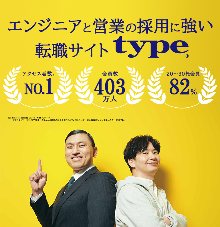 転職サイトアクセス者数No.1 中途採用なら type® 大手から中小ベンチャーまで幅広く掲載中 エンジニア採用に強い！採用実績多数