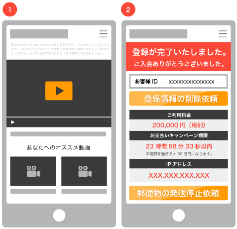 動画再生ボタンのあるアダルト動画サイトのイメージ画像。再生ボタンをタップすると突然「登録が完了しました」などと表示される。