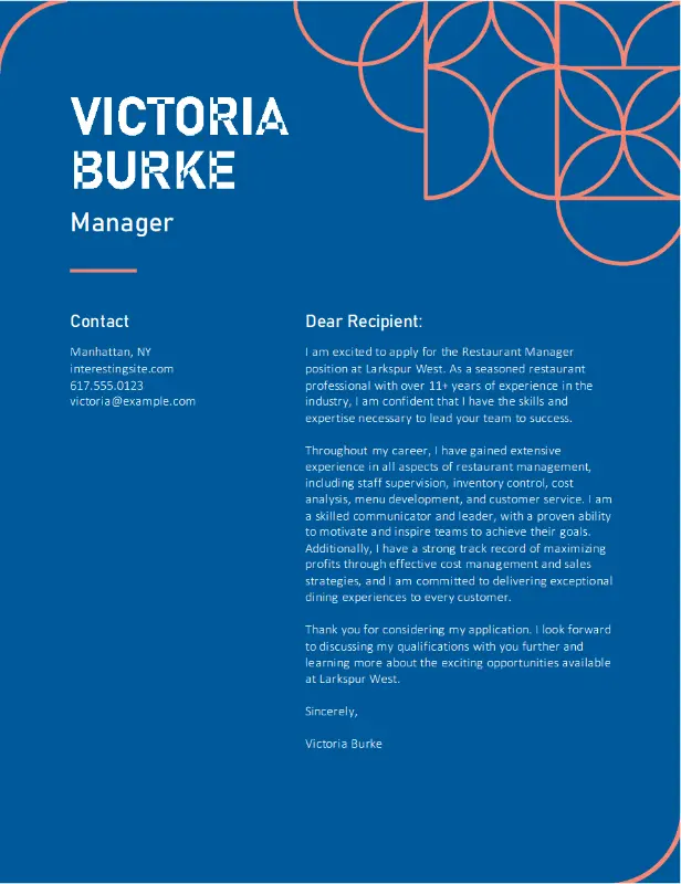 Creative food service cover letter blue modern geometric