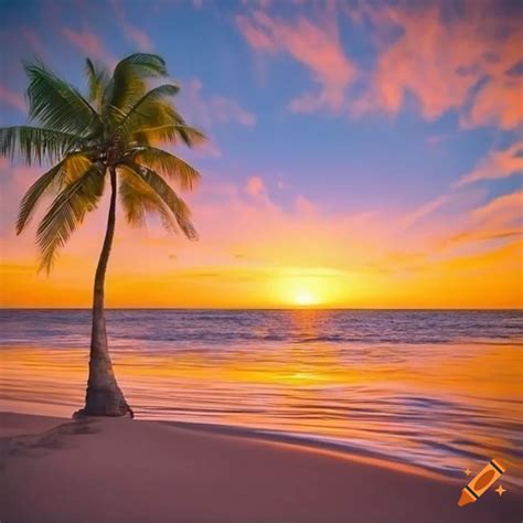 Absolutely gorgeous stunning beautiful beach scene at sunset one palm ...