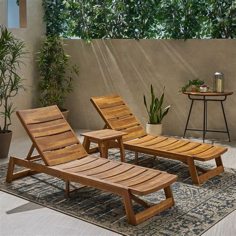 Allaire Outdoor Acacia Wood Chaise 3-Piece Lounge Set, Teak, Brown ...