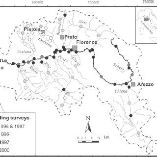 Map showing the Arno river catchment and its major tributaries, the ...