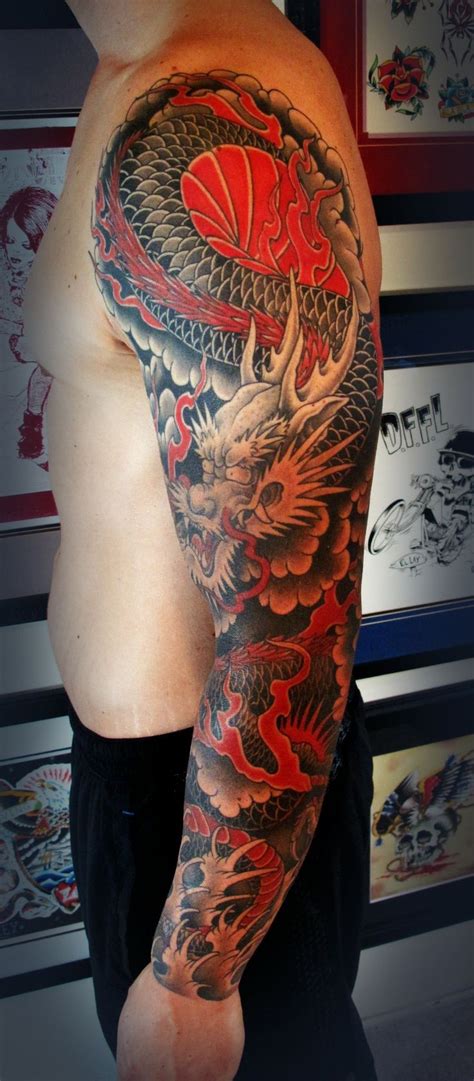 Japanese red dragon tattoo on whole arm - Tattooimages.biz