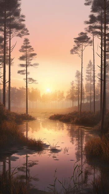 Premium AI Image | A painting of a forest with a sunset in the background.