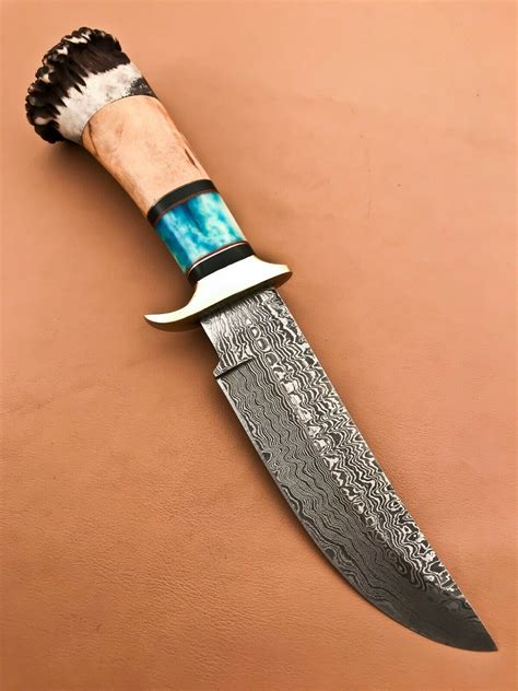 Custom Handmade Damascus Steel Bowie Knife with Stag Crown Handle ...