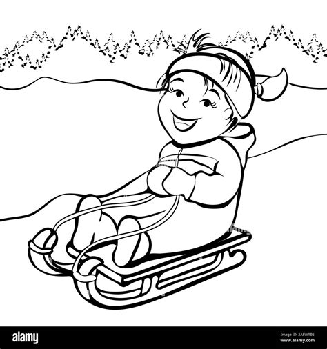 Girl sledding, cartoon character, black and white outline hand drawing ...