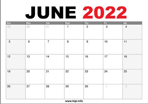 June 2022 Calendar Printable US - Hipi.info