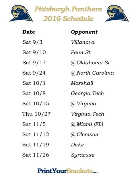 Printable Pittsburgh Panthers Football Schedule 2016 (With images ...