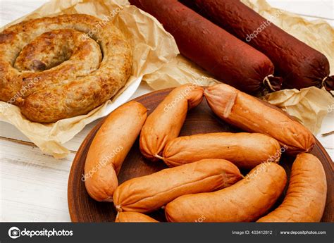 Different Types Sausages Meat Products Wooden Background Stock Photo by ...