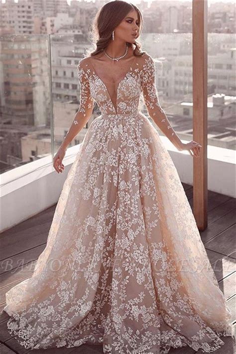 Elegant Lace Applique Wedding Dresses | Long Sleeves Floral Bridal ...