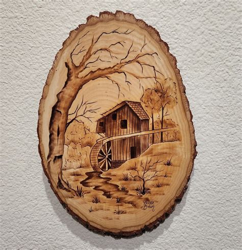 VINTAGE WOOD BURNING PYROGRAPHY FOLK ART GRIST MILL CABIN SIGNED ...