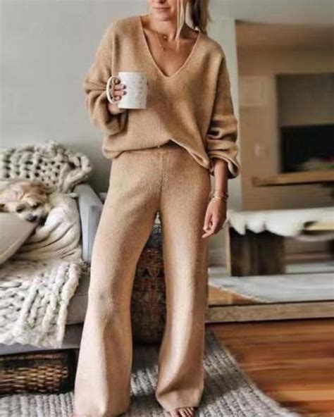 Women'S Casual Plain V-Neck Sweater Lounge Suit | Loungewear set ...