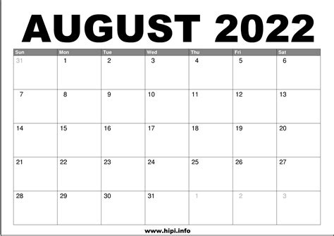 August 2022 Calendar Printable Free - Hipi.info