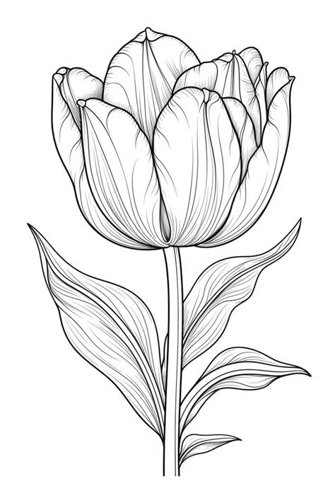 Premium Photo | A black and white drawing of a tulip with leaves and ...