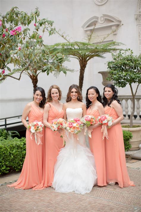 Peach-Colored Long Bridesmaid Dresses | Orange bridesmaid dresses ...