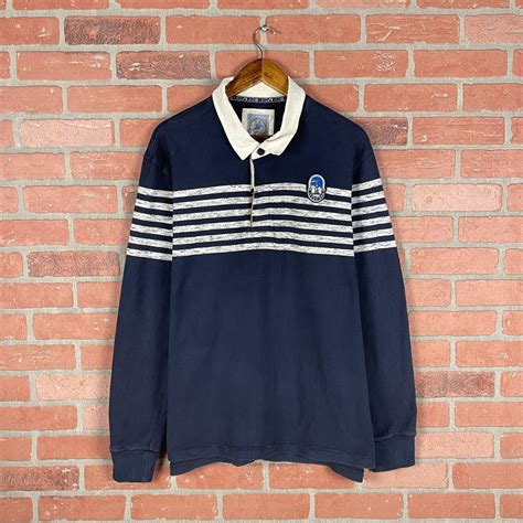 Vintage Lands End Men's Navy Striped L/S Rugby Polo... - Depop