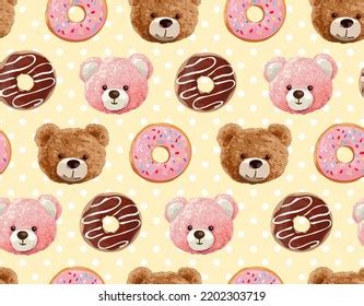 Cute Bear Dolls Donuts Seamless Pattern Stock Vector (Royalty Free ...