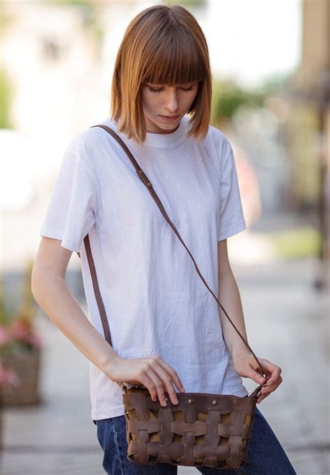 Small Leather Crossbody Bag With Zipper, Woven Leather Bag, Brown Cross ...