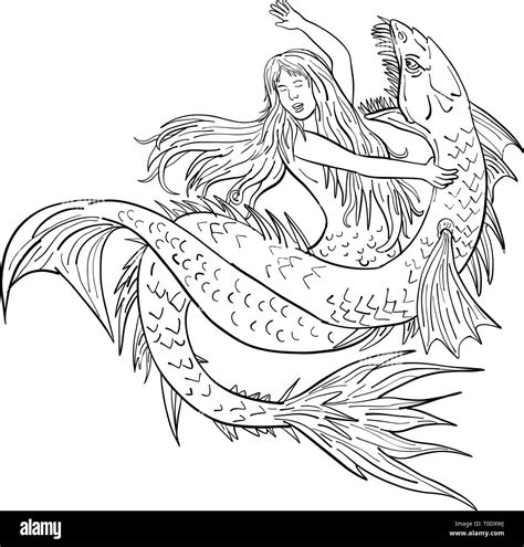 Drawing sketch style illustration of a a mermaid or siren fighting or ...