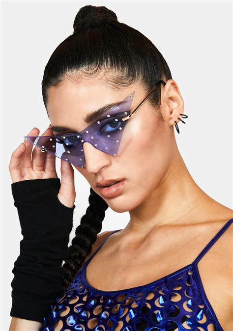 Blue Frameless Sharp Cat Eye Rhinestone Sunglasses | Dolls Kill