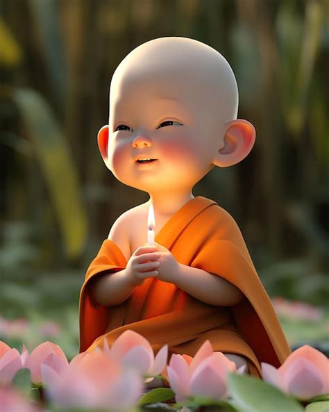 Premium Photo | Character 3D of Baby monk boy holding a candle meditate ...