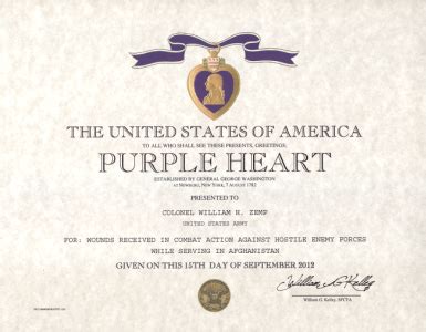 Purple Heart Certificate, PURPLE HEART MEDAL