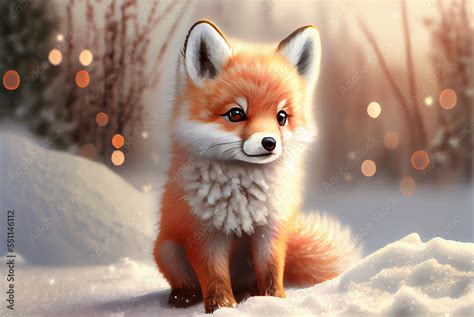 cute red fox baby cartoon dreamlike in snow, winter,christmas ...