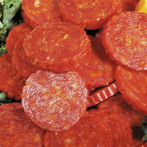 Close Up Image of Thickly Sliced Pepperoni - Prepared Food Photos, Inc.