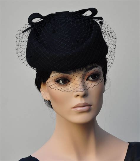 Women's Black Pillbox Hat, Black Felt Veil Hat, Church Hat, Ladies ...