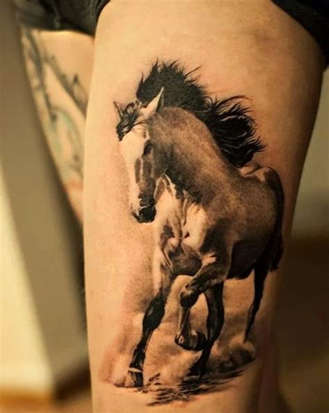 a woman's leg with a horse tattoo on it and an image of a horse running