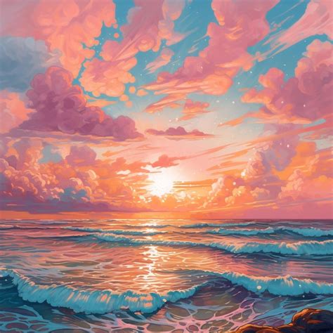 Premium AI Image | a painting of a sunset with the sun setting behind ...