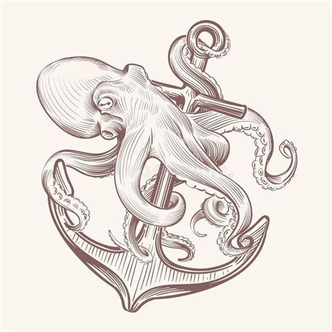 Octopus with anchor. Sketch sea kraken squid holding ship anchor ...