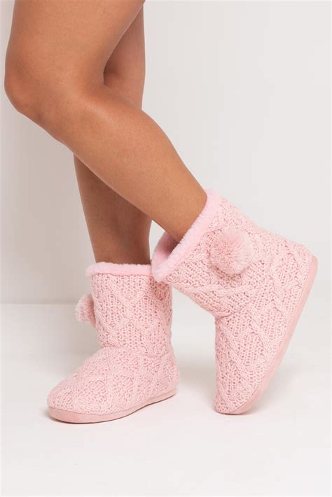 Cable Knit Faux Fur Lined Bootie Slipper | Blush | Pour Moi