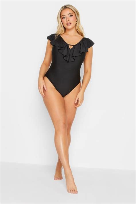 YOURS Plus Size Curve Black Frill Plunge Tummy Control Swimsuit | Yours ...