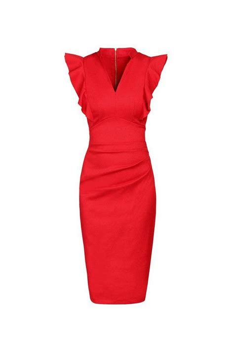 Deep Orange Ruffle Shoulder Bodycon Pencil Dress | Pencil dress ...